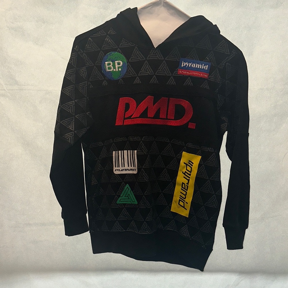 Black Graphic Hoodie with Red and Yellow Accents